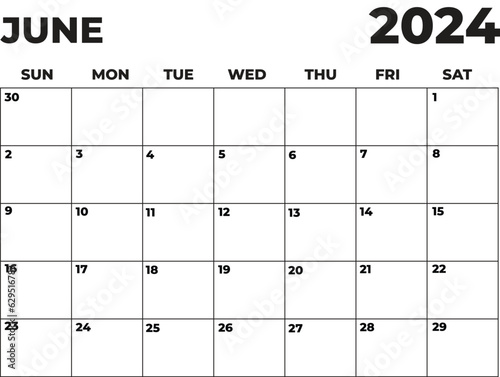 June 2024 Black and White Sunday Start Landscaped Monthly Planner, Sunday Start Calendar 2024