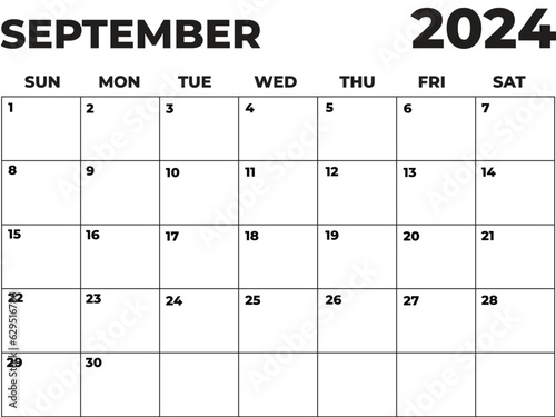 September 2024 Black and White Sunday Start Landscaped Monthly Planner, Sunday Start Calendar 2024