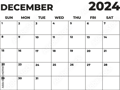December 2024 Black and White Sunday Start Landscaped Monthly Planner, Sunday Start Calendar 2024
