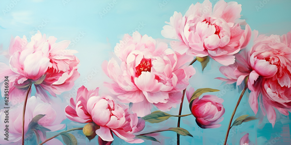 Chinese peony flowers, Peonies flowers design oil painting. Pink peony, roses with green leaves floral flower. Creative flower painting. For invitation card, cover book, notebook. 
