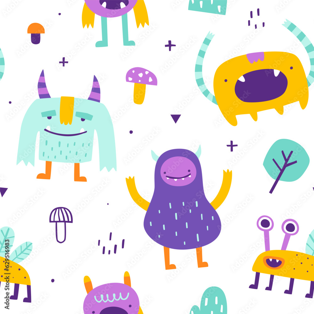 Cute pattern with weird monsters for baby. Abstract vector print with naive monsters for kids textile.