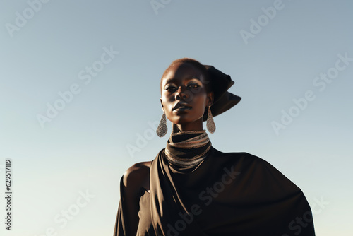 Beautiful ebony woman model in fashionable clothes on blue sky background.