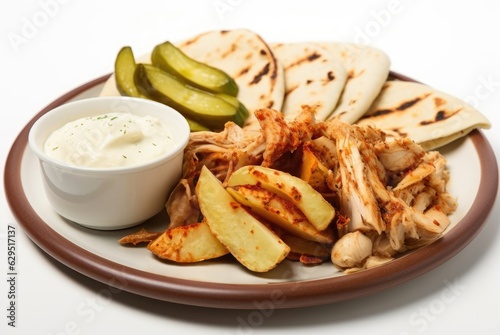 a plate of chicken pickles  pita bread slices  potato fries  and chicken shawarma on white background