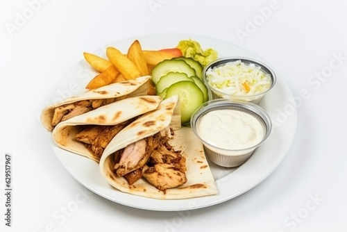 Chicken shawarma with pita bread slices, mayonnaise, coleslaw, pickle slices, potato fries