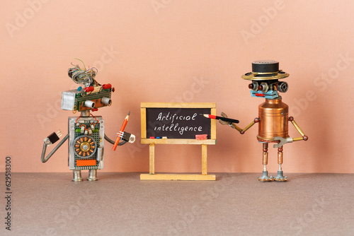 Lesson in the study of artificial intelligence. Two robots near the chalkboard, handwritten inscription artificial intelligence. The concept development of modern technologies, machine learning