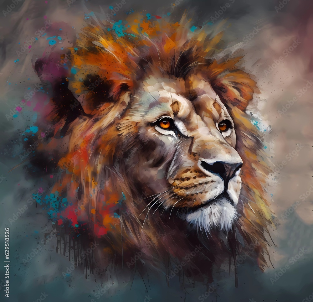 An abstract representation of a lion with colors and textures