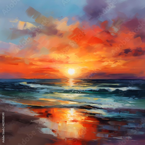 Color beach painting using warm hues to represent a beautiful sunrise over a beach No 6