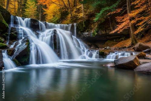 waterfall in autumn forest ai generated © Ayesha