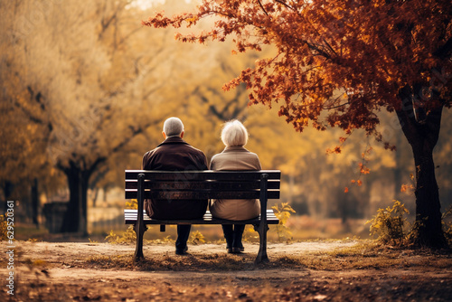 Elderly couple relaxing on bench in park. Togetherness and retirement in senior couple live concept. Generative AI