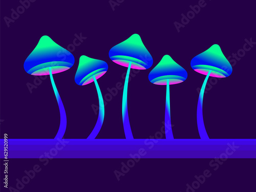 Gradient bioluminescent mushrooms are green-blue. Fluorescent glowing mushrooms. Hallucinogenic mushroom on a long stalk. Bioluminescent fungus. Vector illustration