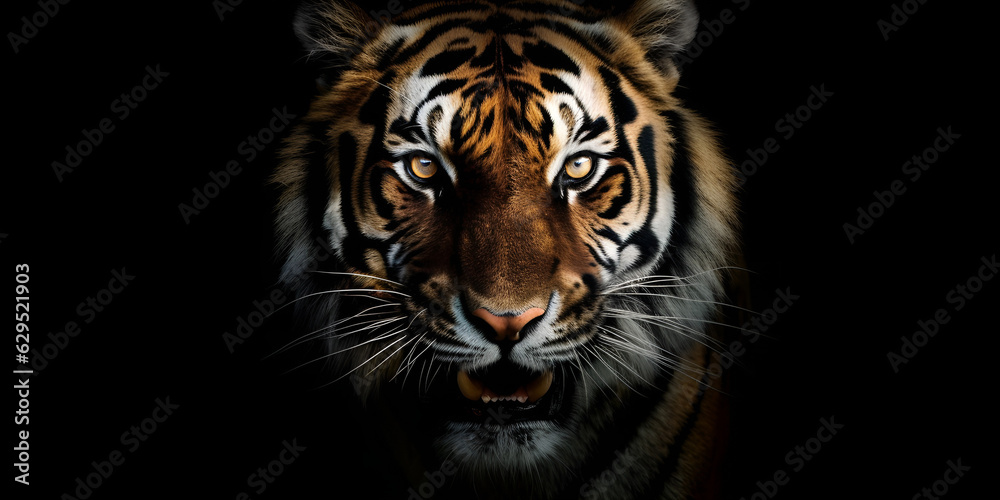  closeup of Tiger's face and glowing  eyes  in the dark back ground Tiger's Intense Glowing Eyes in the Dark 