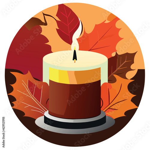burning candle with autumn leaves