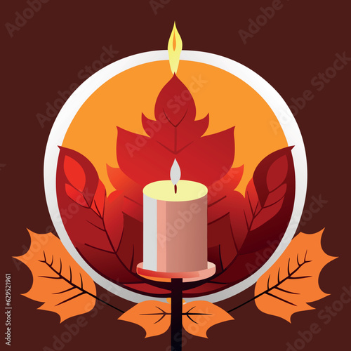 burning candle with autumn leaves