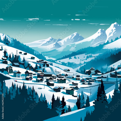 winter landscape with mountains, Swiss alpine village in the style of deconstructed shapes