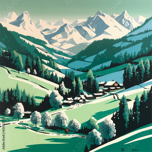 winter landscape with mountains, Swiss alpine village in the style of deconstructed shapes