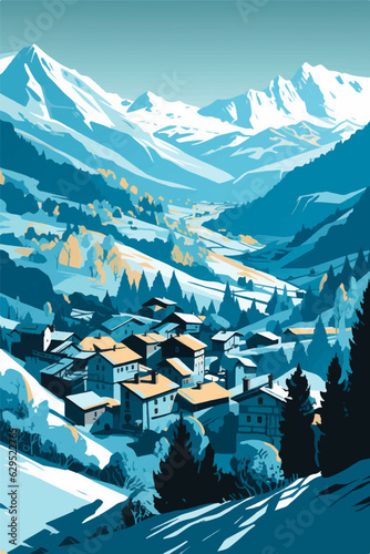 winter landscape with mountains, Swiss alpine village in the style of deconstructed shapes