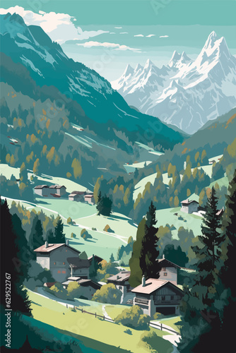 winter landscape with mountains, Swiss alpine village in the style of deconstructed shapes