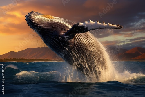 illustration of large whale splashing on waving sea water with foam in daylight near mountain landscape. Generative AI