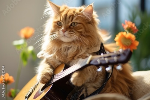 cat playing acoustic guitar siting in a chair, recording, perspective angle. Generative AI