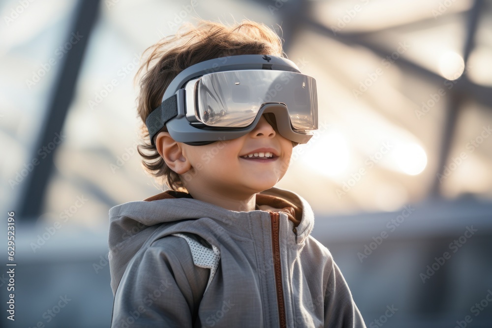 Future digital technology. Kid in virtual reality glasses. Beautiful illustration picture. Generative AI