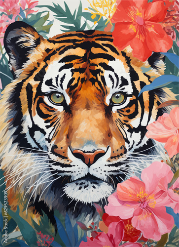 tiger in the forest  colorful illustration print  tiger with flowers