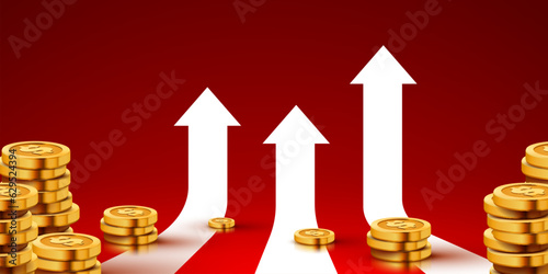 Large pile of golden coins with an upward growing arrows. Growing business concept.