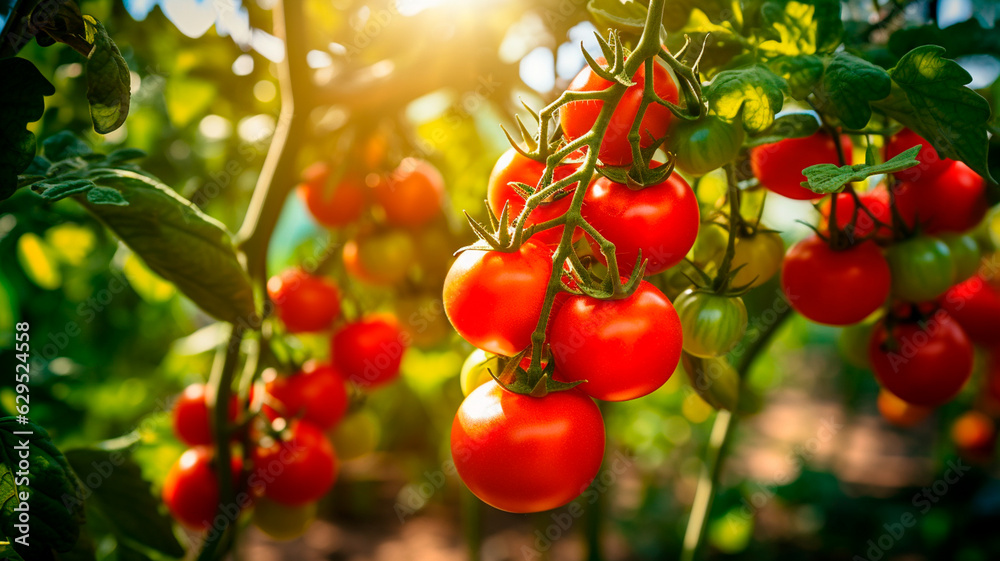 fresh red tomatoes on a branch in the garden. Generative AI