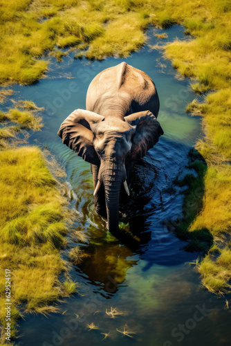 Aerial view of an African Elephant wading through the shallow waters of the Okavango Delta in Botswana