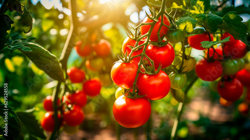 fresh red tomatoes on a branch in the garden. Generative AI