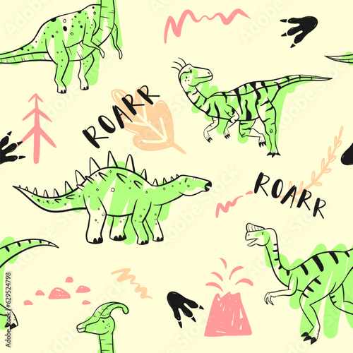 childish dinosaur seamless pattern for fashion clothes  fabric  t shirts. hand drawn vector with lettering.