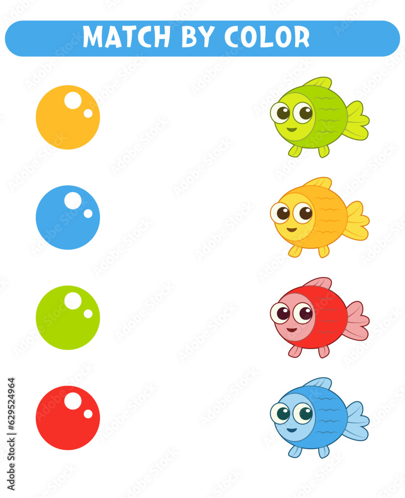 Fototapeta premium Match fish and drops by color. Educational game. Worksheets for kids