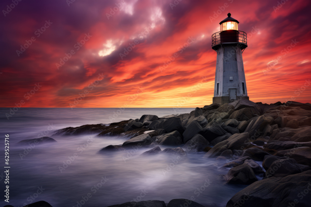 Beautiful lighthouse adorned night time seascape with a gloomy sky at sunset