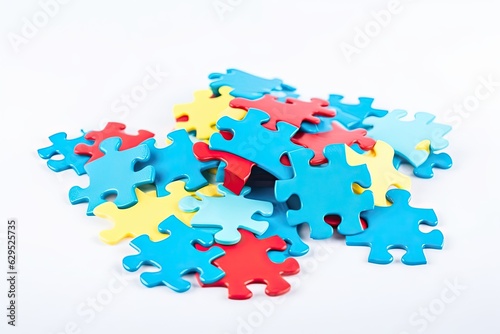 Colorful jigsaw puzzle pieces on a white background. The puzzle pieces are blue, red, and yellow in color and are scattered and not connected to each other.