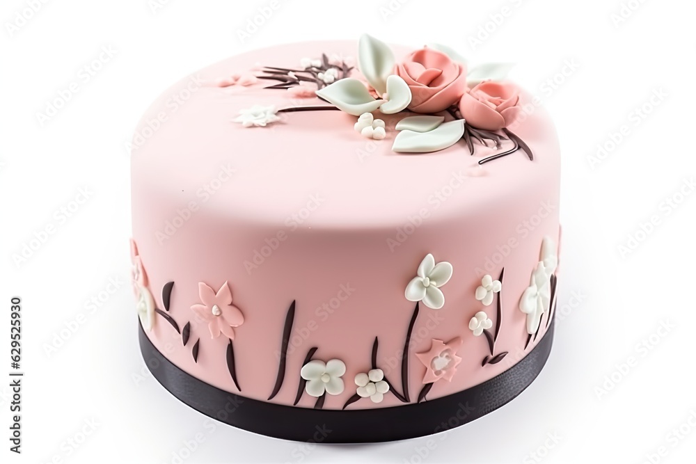 Round cake with pink fondant icing. The cake has a black base and is decorated with white and pink flowers and leaves. Round cake with pink fondant icing. The cake has a black base and is decorated with white and pink flowers and leaves.