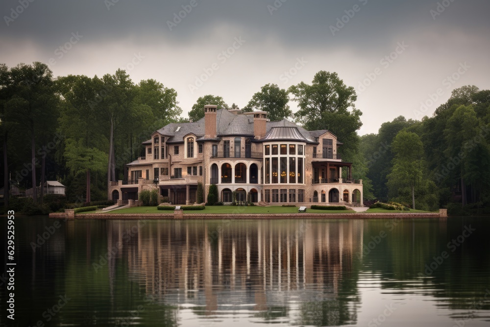 A large, luxurious mansion on a lake, three stories tall with a gray roof and beige walls, many windows, balconies, and arches, surrounded by trees and a lawn, reflected in the lake