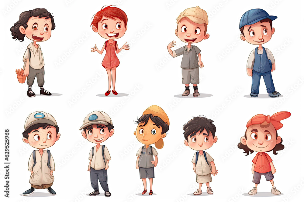 A group of cartoon children, nine in total, four with blurred faces, standing in a line, wearing different outfits, such as dresses, shorts, and hats, on a white background. A group of cartoon children, nine in total, four with blurred faces, standing in a line, wearing different outfits, such as dresses, shorts, and hats, on a white background.
