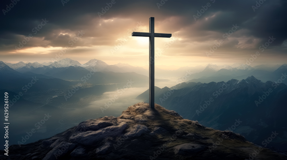 cross of Jesus with on cloudy mountain top, in the style of detailed fantasy art, cross in the clouds with the sun shining on it. cross of Jesus with on cloudy mountain top, in the style of detailed fantasy art, cross in the clouds with the sun shining on it.