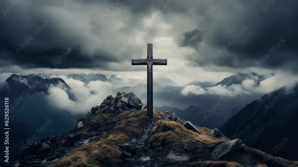 cross of Jesus with on cloudy mountain top, in the style of detailed fantasy art, cross in the clouds with the sun shining on it. cross of Jesus with on cloudy mountain top, in the style of detailed fantasy art, cross in the clouds with the sun shining on it.