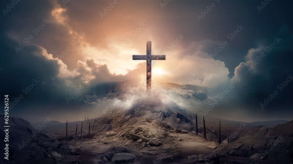 cross of Jesus with on cloudy mountain top, in the style of detailed fantasy art, cross in the clouds with the sun shining on it. cross of Jesus with on cloudy mountain top, in the style of detailed fantasy art, cross in the clouds with the sun shining on it.
