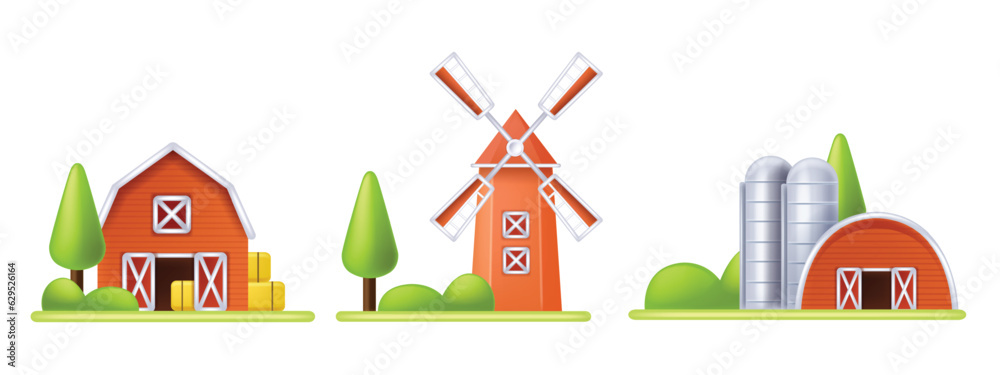 3D farm barn vector icon, mill house front view, red silo cartoon agriculture building exterior. Rural wooden stable construction, ranch village barnyard granary storage tower clipart. Farm barn door - obrazy, fototapety, plakaty 