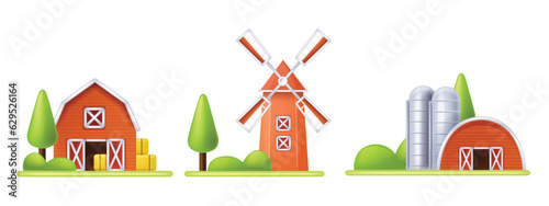 3D farm barn vector icon, mill house front view, red silo cartoon agriculture building exterior. Rural wooden stable construction, ranch village barnyard granary storage tower clipart. Farm barn door photo