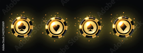 3D golden poker chips set, casino coin badge, vector VIP slots roulette shiny bet icon element kit. Royal game money award, Vegas gambling success symbol, shiny lucky medal set. Golden chips design