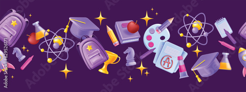 3D back to school vector seamless border, kids cartoon education banner, rocket stars, backpack. University graduate cap, creative science symbol, pencil, crayons, stars. Back to school art wallpaper