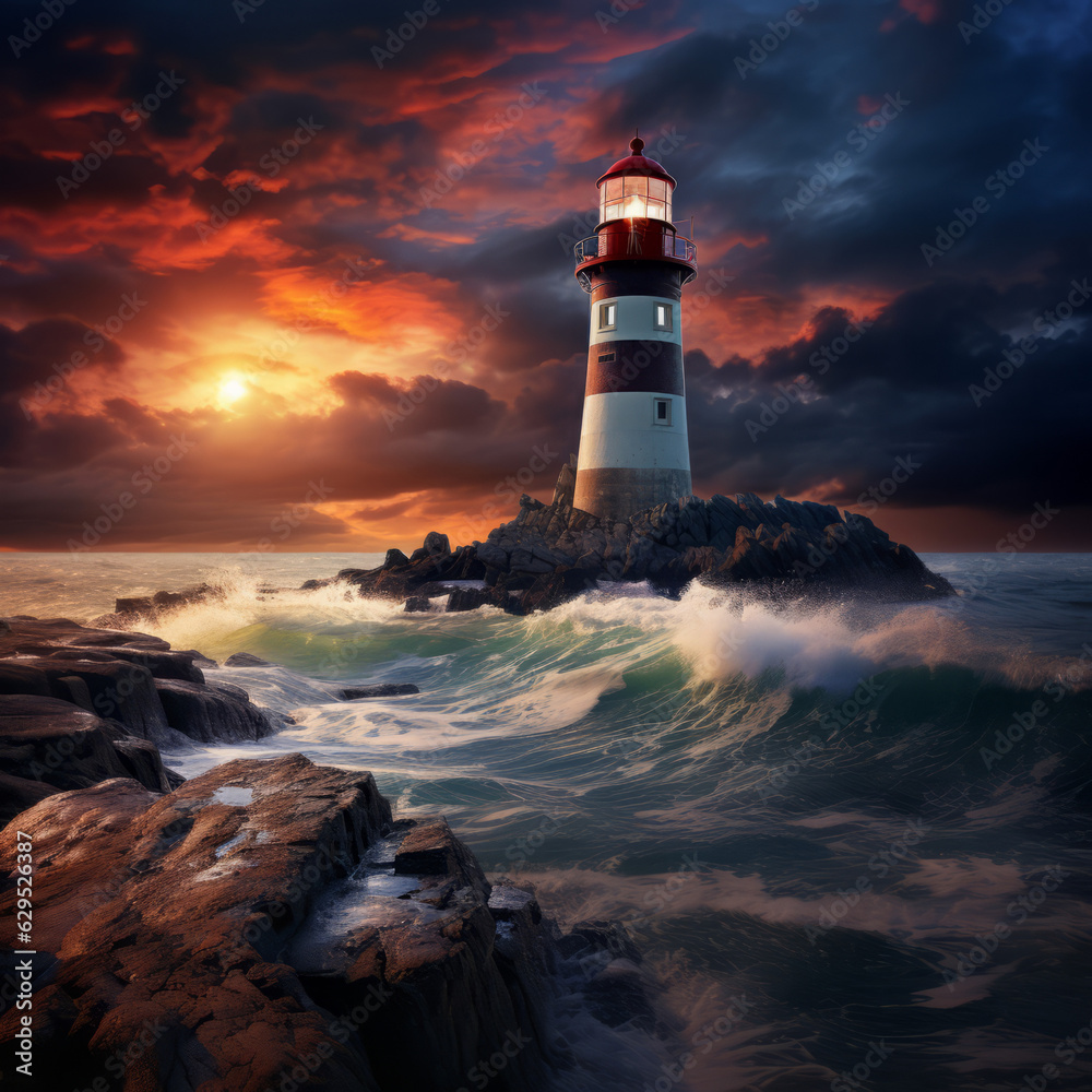 Beautiful lighthouse adorned night time seascape with a gloomy sky at sunset