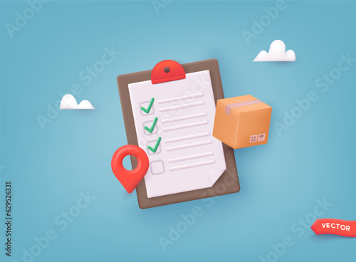 Cartoon paper parcel package boxes with clipboard and check list. 3D Web Vector Illustrations.