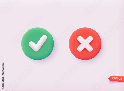 Tick and cross signs. Green checkmark OK and red X icons. 3D Web Vector Illustrations.