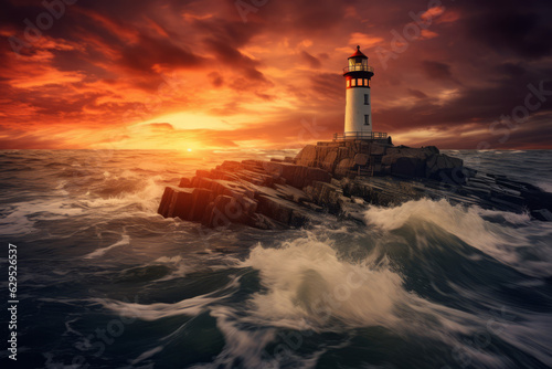 Beautiful lighthouse adorned night time seascape with a gloomy sky at sunset © Guido Amrein