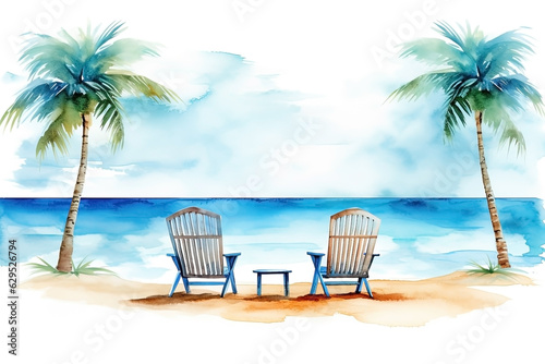 Watercolor sun loungers on the beach, vacation illustration
