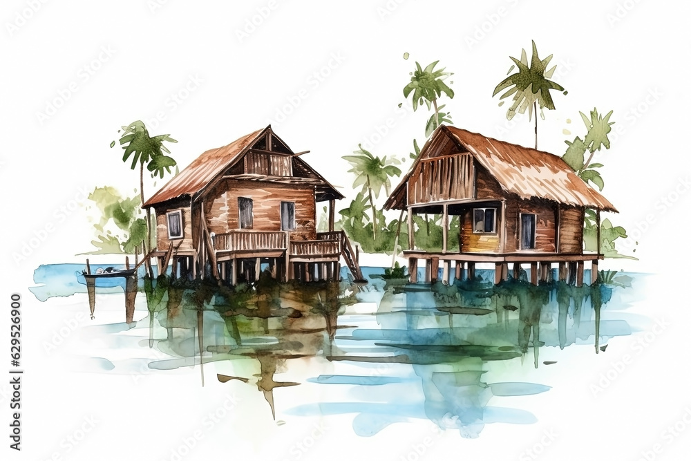 Watercolor bungalow at the seaside, vacation illustration