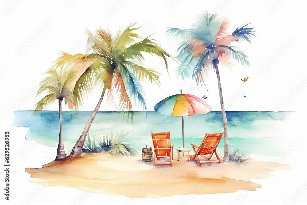 Watercolor sun loungers with umbrella on the beach illustration